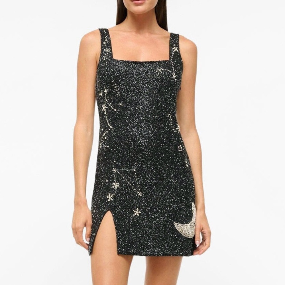 STAUD Le Sable Dress Black Beaded Sequin Sleeveless Mini in Starry Night